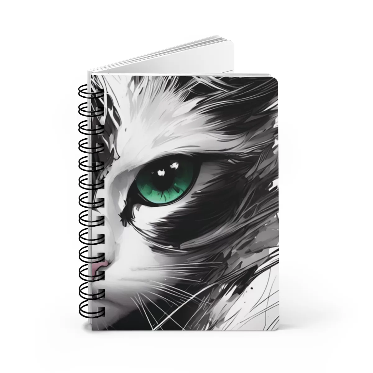 Cat green eyes black&white - Spiral Bound Journal - Image 6