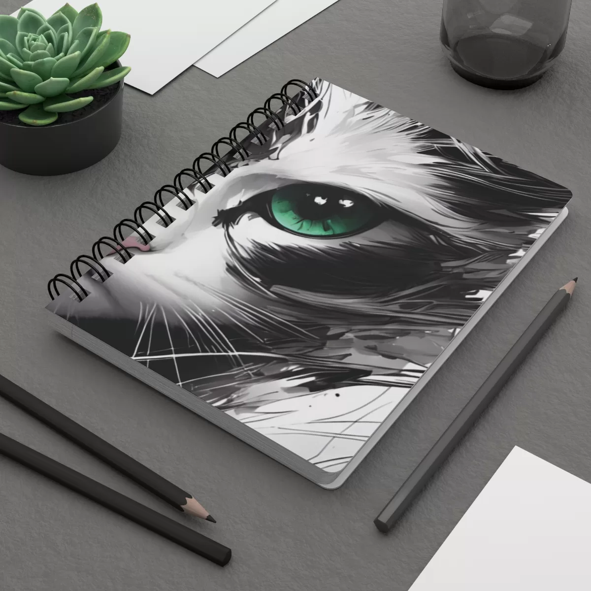 Cat green eyes black&white - Spiral Bound Journal