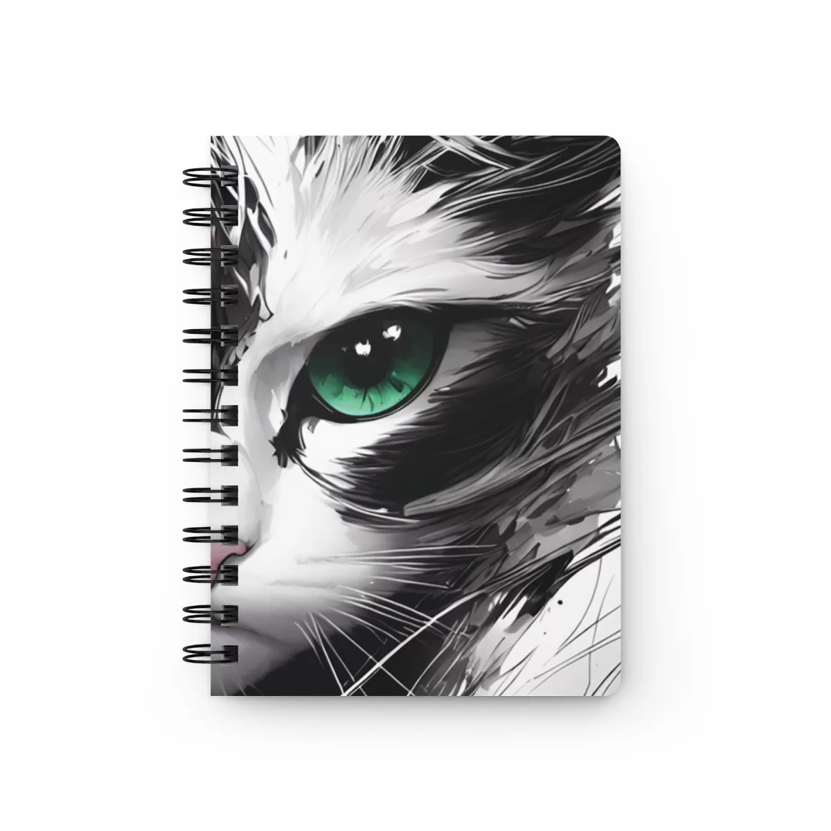 Cat green eyes black&white - Spiral Bound Journal - Image 2